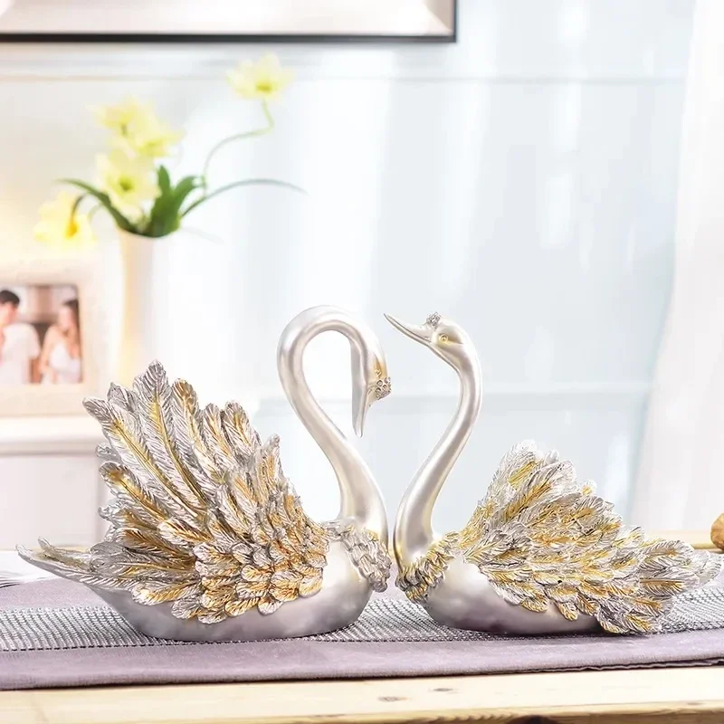 2PCS/SET Gold Swan Lovers Home Decor Ceramic Crafts Porcelain Animal Figurines Wedding Decoration Lovers New Year Gift
