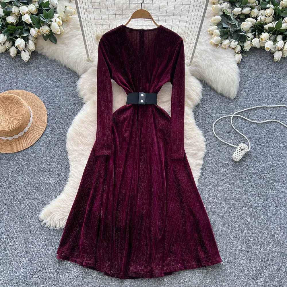 Sexy long sleeve V-neck slim glitter dress vintage Elegant Women Party korean fashion fairycore dresses