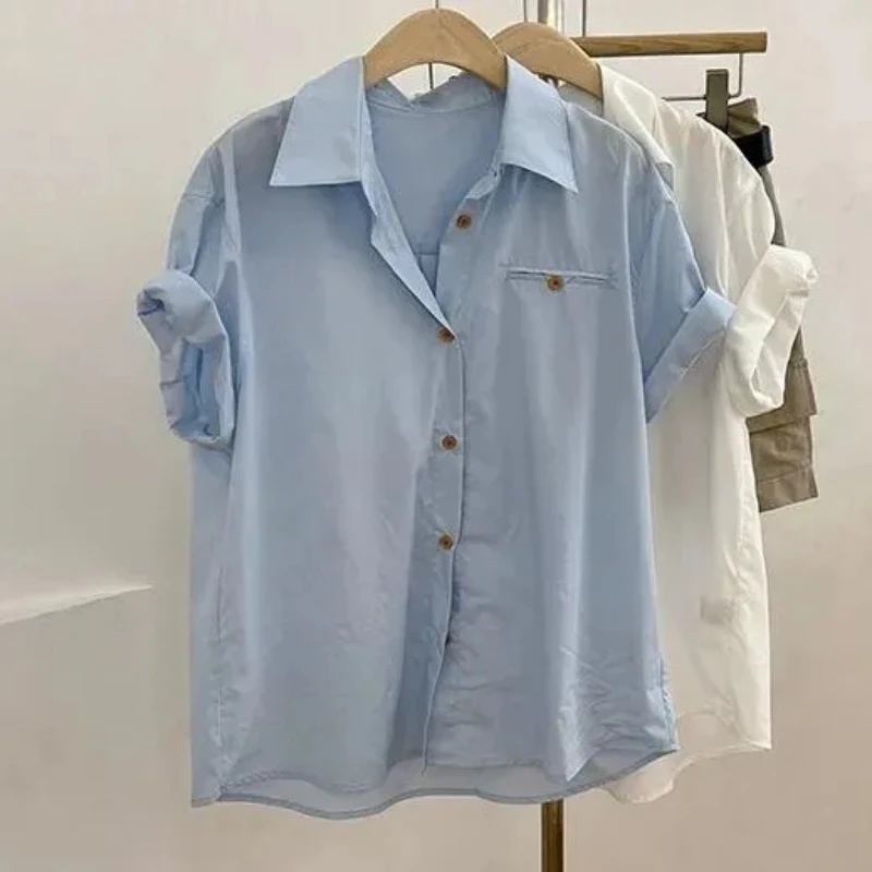 Office Lady White Blouse 2025 Women's Clothes Camisas De Mujer Simple Loose Thin Shirts Short Sleeve Vintage Summer Blouses Tops