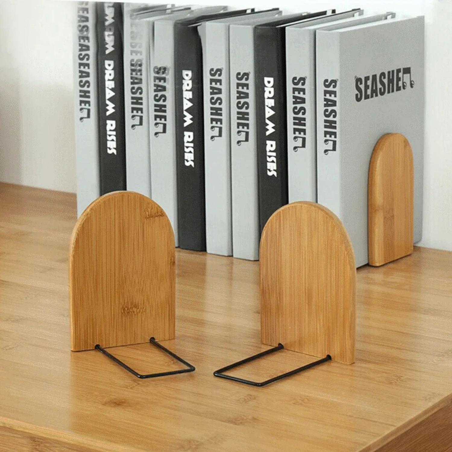 Beautiful Nature Bamboo Bookends for Desktop, Elegant Bookshelf Desk Organizer, Stylish Office Book Accessories, Durable Wooden 