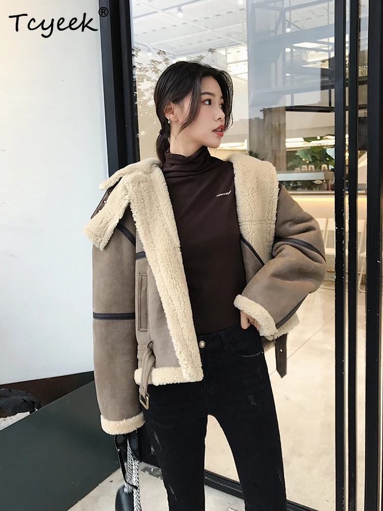 Tcyeek Genuine Wool Autumn Winter High End Trendy Hooded Silmming Stand Collar Women's Wool Shearling Fur Coat Fourrures Femme
