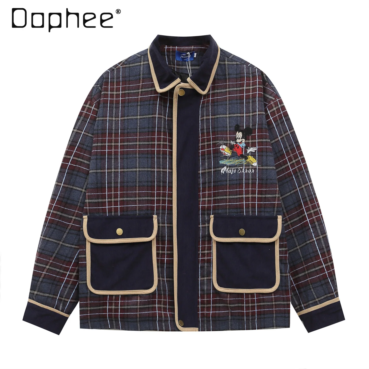 

Plaid Cartoon Embroidered Lapel Jacket for Men and Women 2024 Autumn and Winter New Loose Casual Trendy Couple Coat