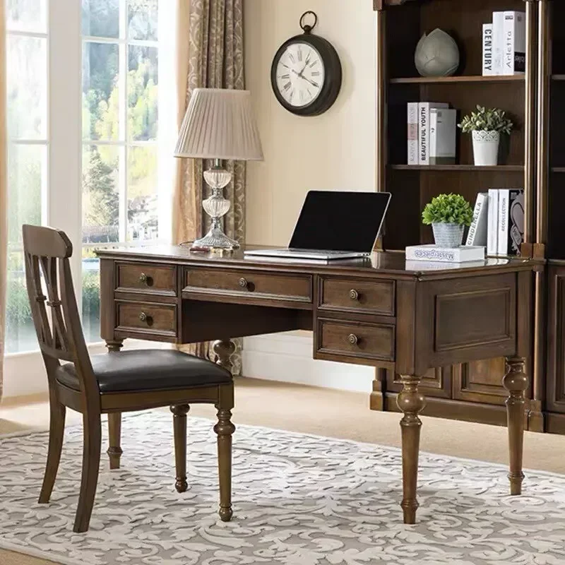 w28- American solid wood desk study desktop computer table and chair furniture home simple retro calligraphy writing desk