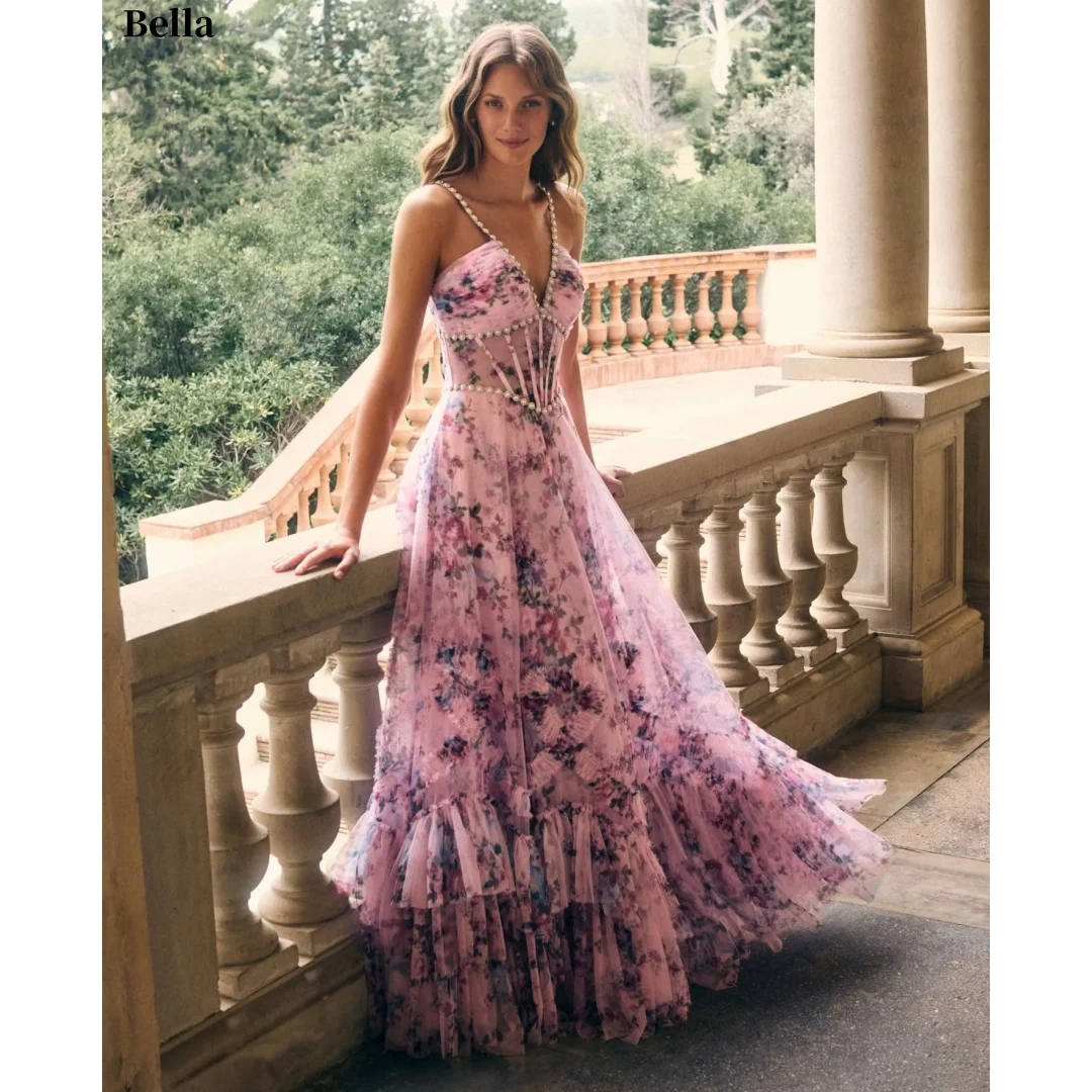 

Bella Customized Pink Tulle Elegant Prom Dresses Spaghetti Strap vestidos de noche Floral Print Corset Tiered Formal Evening