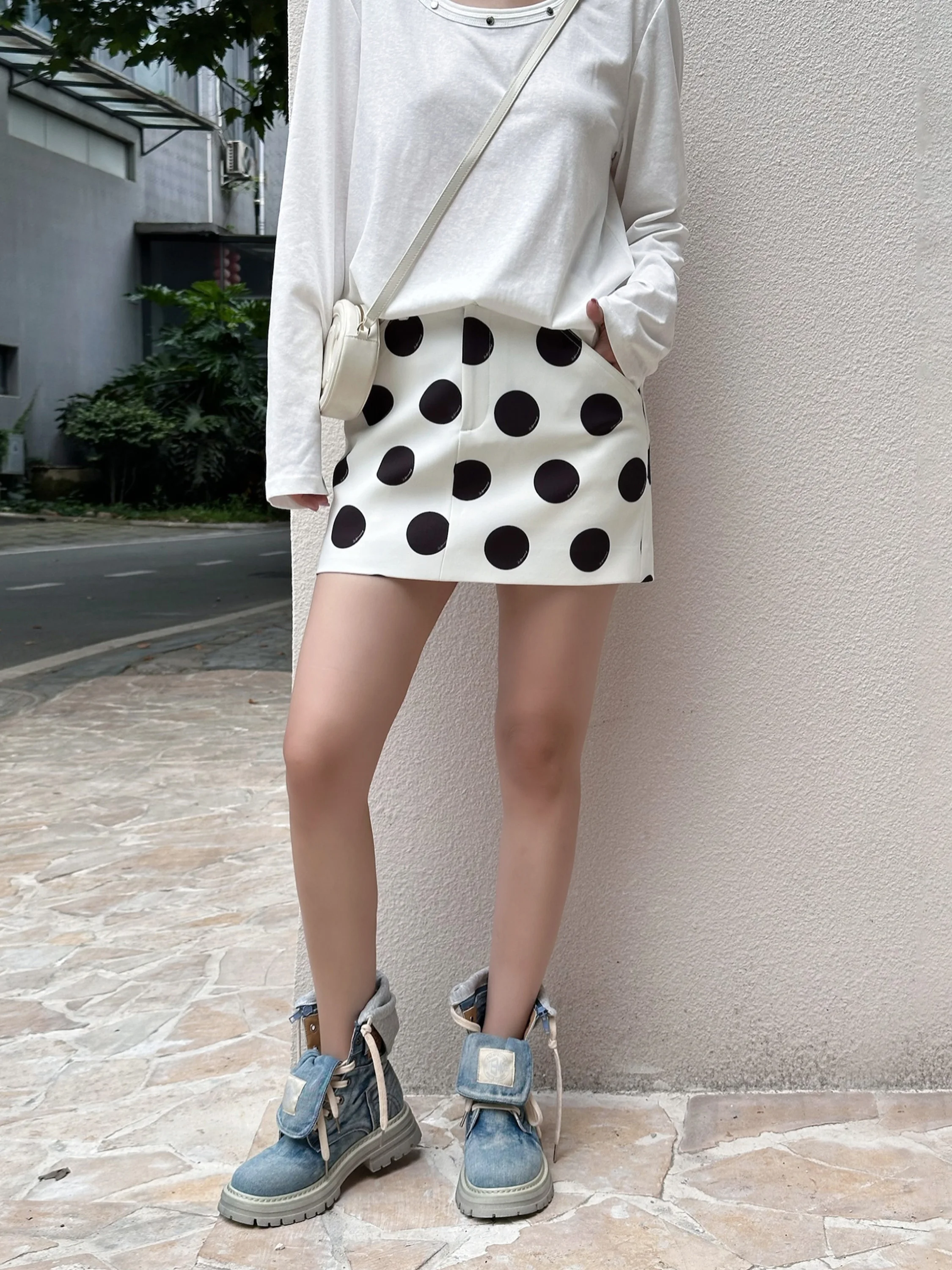 

Юбка женская LEDIM WANG High nce, прямая, белая, в горошек, из полиэфирного волокна, для повседневной носки