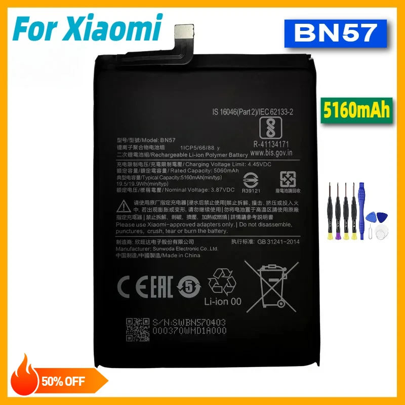 

BN57 5160mAh Phone Battery for Xiaomi Pocophone X3 NFC / Poco X3 Pro Replacement Batteries+With Tools