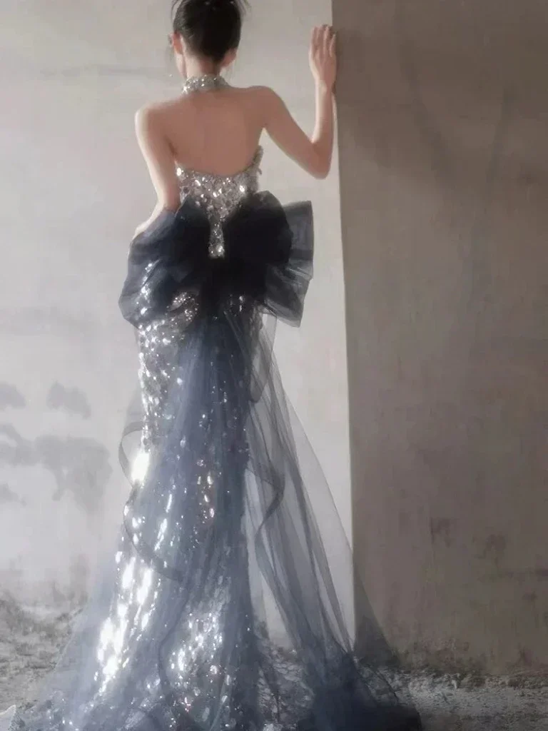 인어 스팽글 연예인 드레스 보트넥 민소매 실버 반짝이 럭셔리 성인식 분리형 활 무도회 이브닝 가운