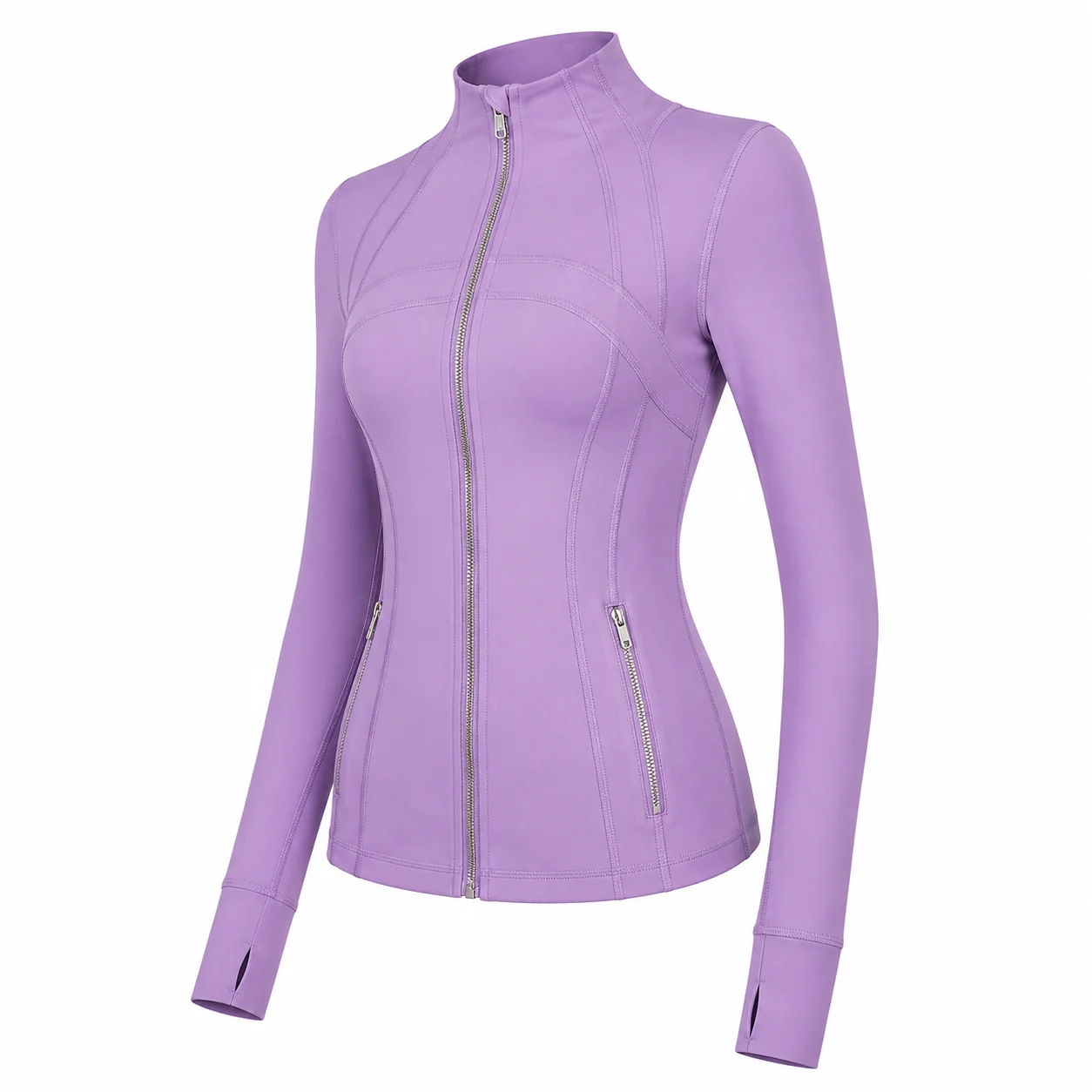 Women's Lavender Purple Slim Fit Full Zip Sports Jacket Stand Collar Long Sleeve Thumbhole Workout Running Yoga Outerwear