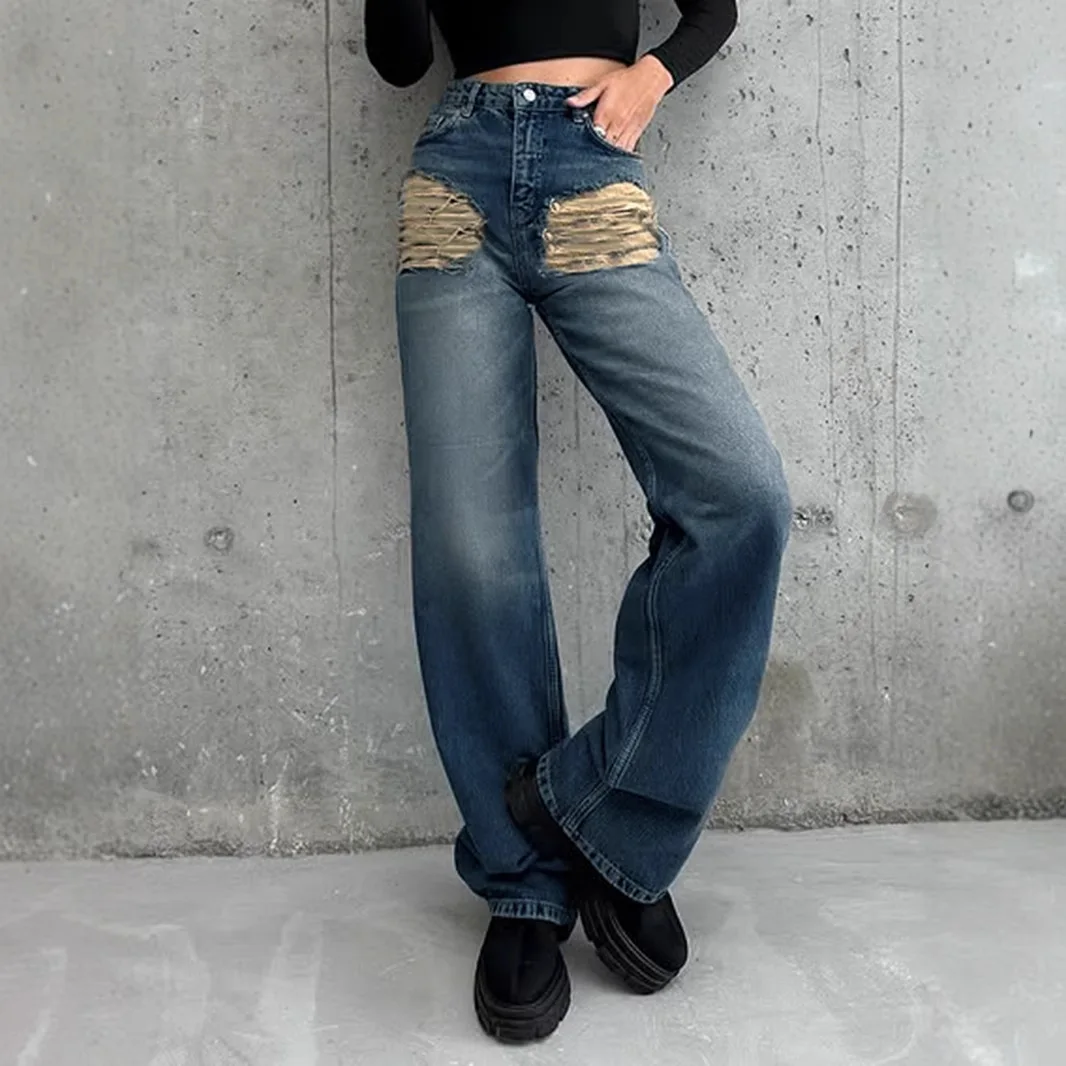 

street style design sense ripped edge high waist jeans washed blue loose straight trousers jeans for women