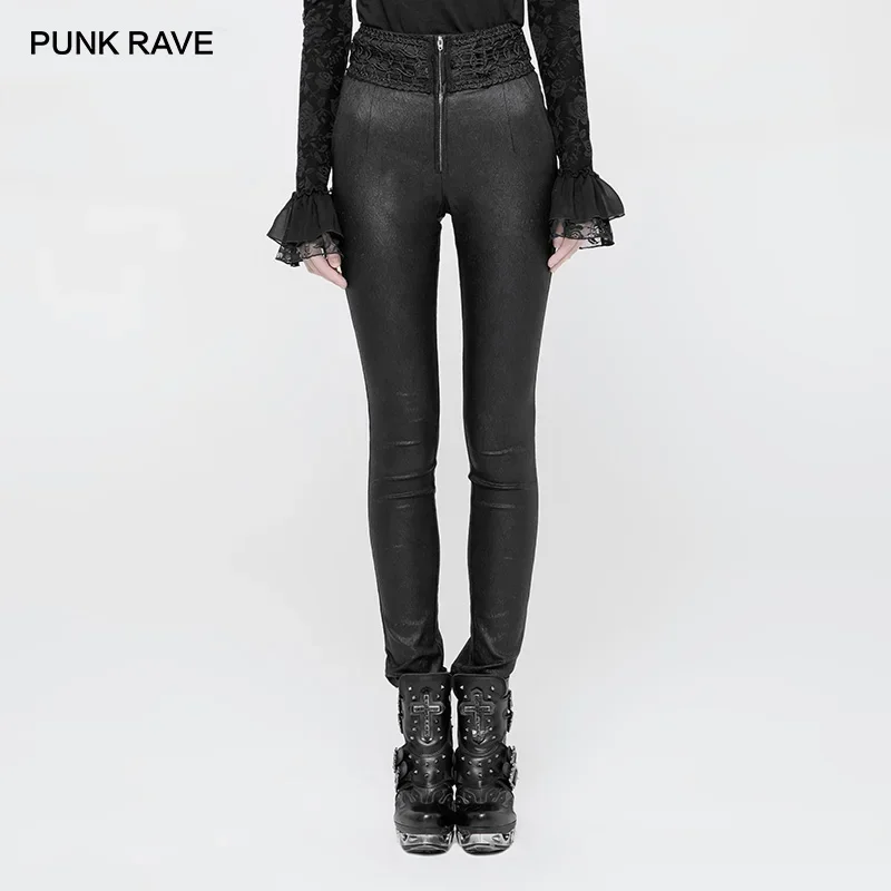 PUNK RAVE Gothic Dark Halloween Casual Jacquard Stretch High Waist Tight Pants Women Fashion Party Elegant Harajuku Trousers