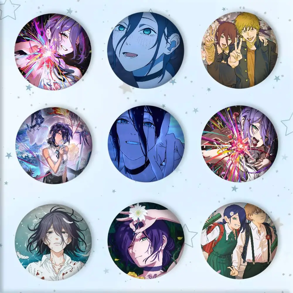 Anime C-Chainsaw M-Man  The Movie Reze Arc Badge Tinplate Round Laser Brooch Clothes Backpack Accessories Lapel