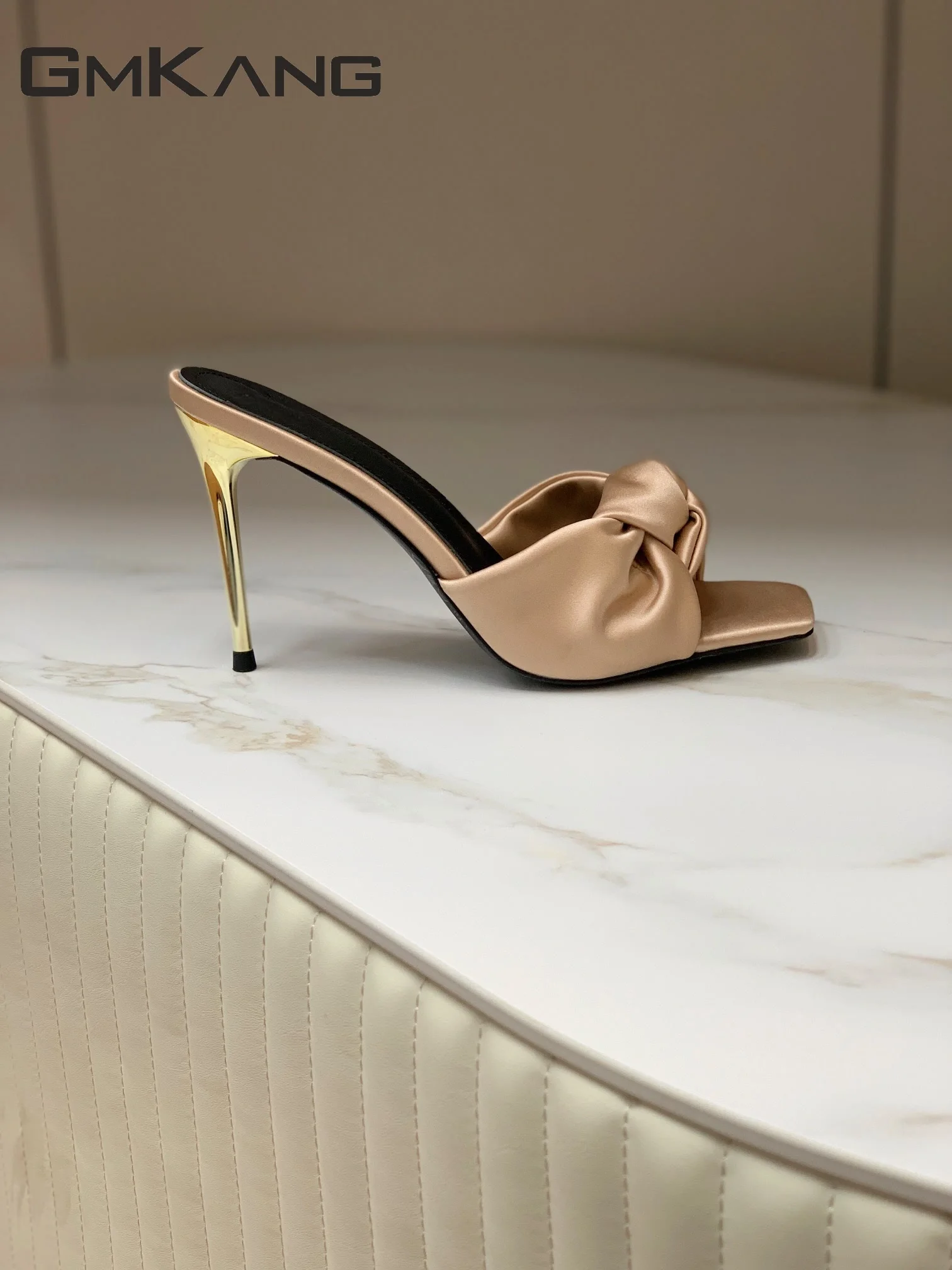 Women Elegant Silk Satin Slide Sandals Square Open Stiletto Heel Slides Elegant Evening Party Slip On High Heel Slippers