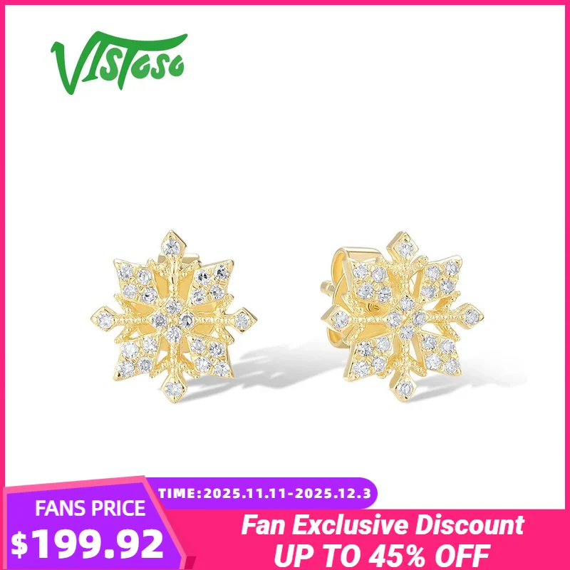 

VISTOSO настоящие серьги-гвоздики из желтого золота 14 карат 585, серьги-гвоздики для женщин, сверкающие бриллианты, гламурные снежинки, рождественские подарки, ювелирные изделия