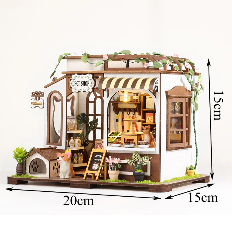 DIY Wooden Miniature Model Kit Pet Shop Cottage 3D Puzzle Building Dollhouse With Furniture Lights Home Decor for Friends Gifts