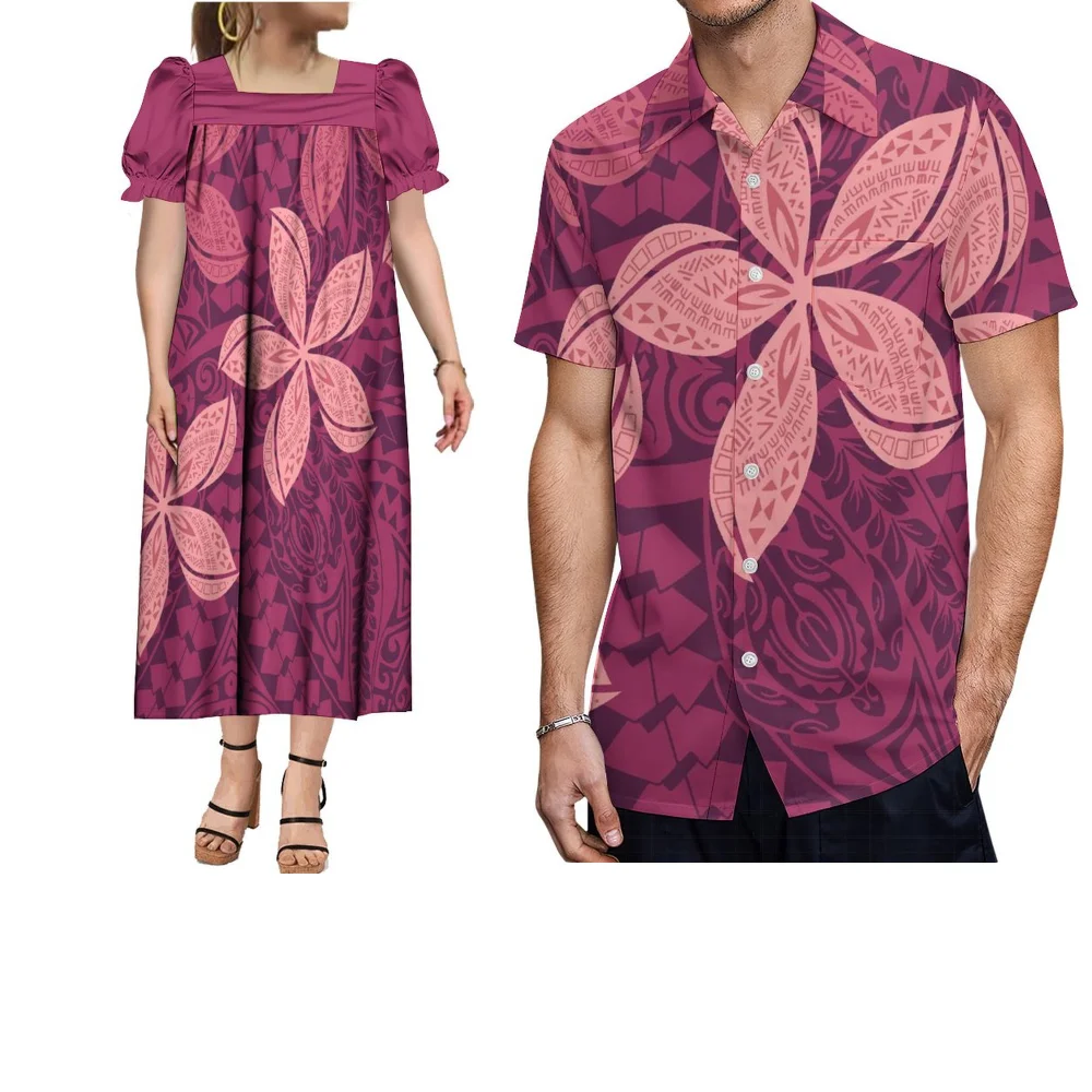 Vestido longo solto havaiano feminino, manga bufante, mumu, camisa casual masculina, top personalizado, ilha polinésia, roupas de casal