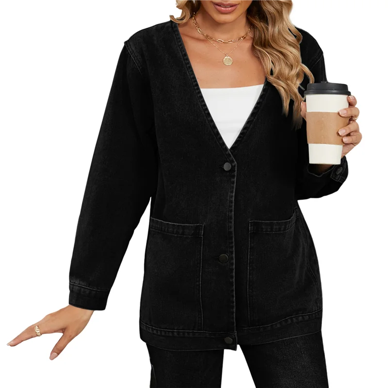 

ABRT-Женские осенние модные джинсовые куртки-кардиганы на пуговицах, модные джинсовые зимние пальто с v-образным вырезом и длинными рукавами, верхняя одежда