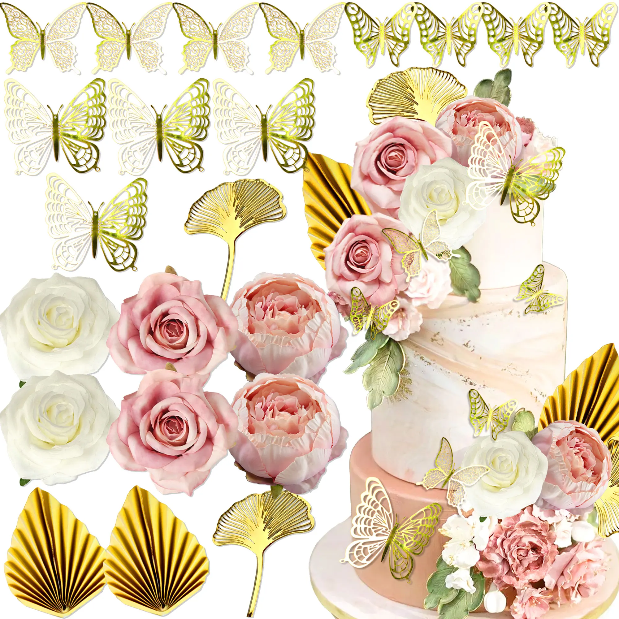 زينة كعكة زهرة لافينتي، زينة كعكة بيضاء وردية، أوراق النخيل، فراشة لمستلزمات الزفاف في عيد الحب #1