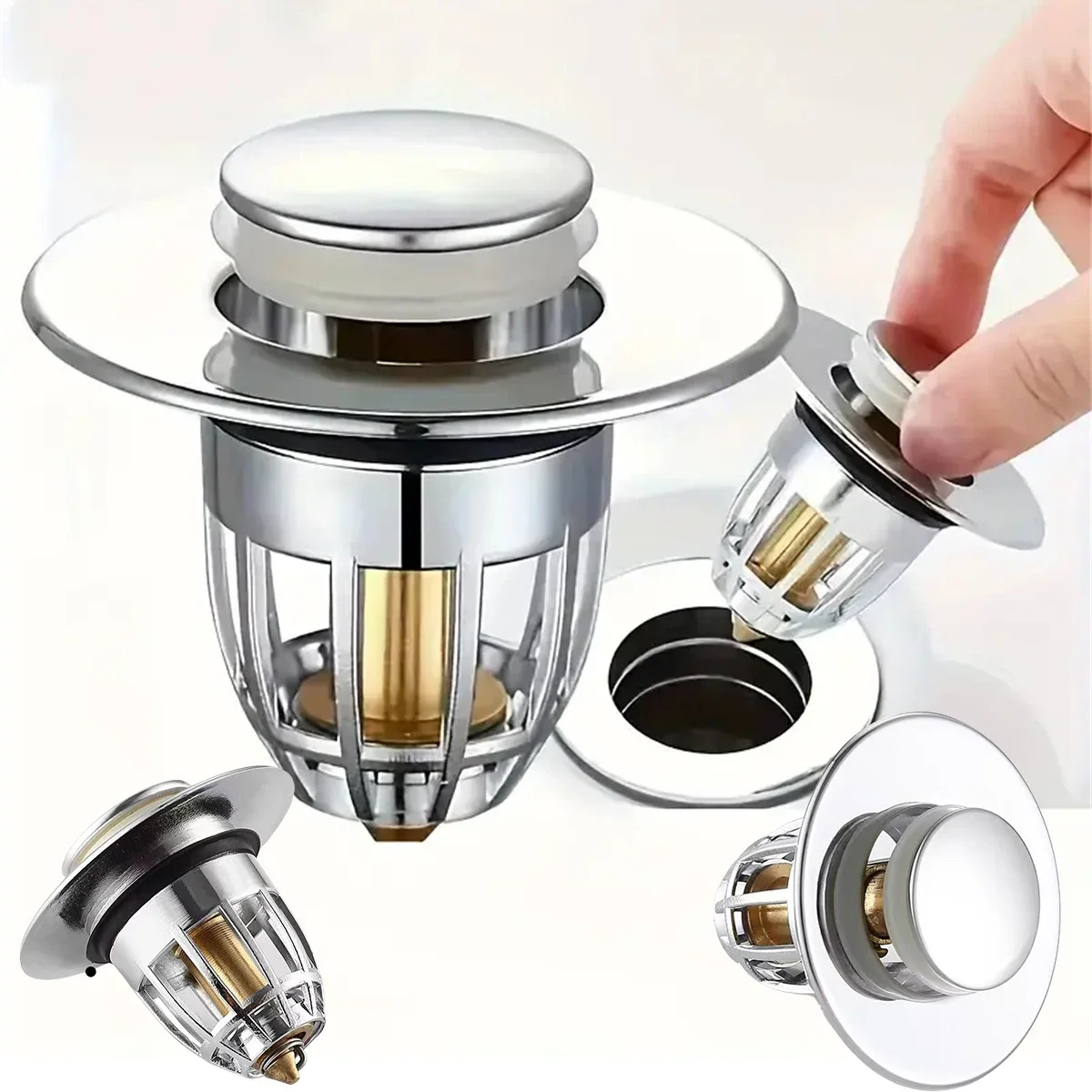 Universal Rebound Drain Plug Filter Basin Pop-up Chrome Sink Filter with Hair Catcher Bathroom Sink Drain Stopper Easy Push Type