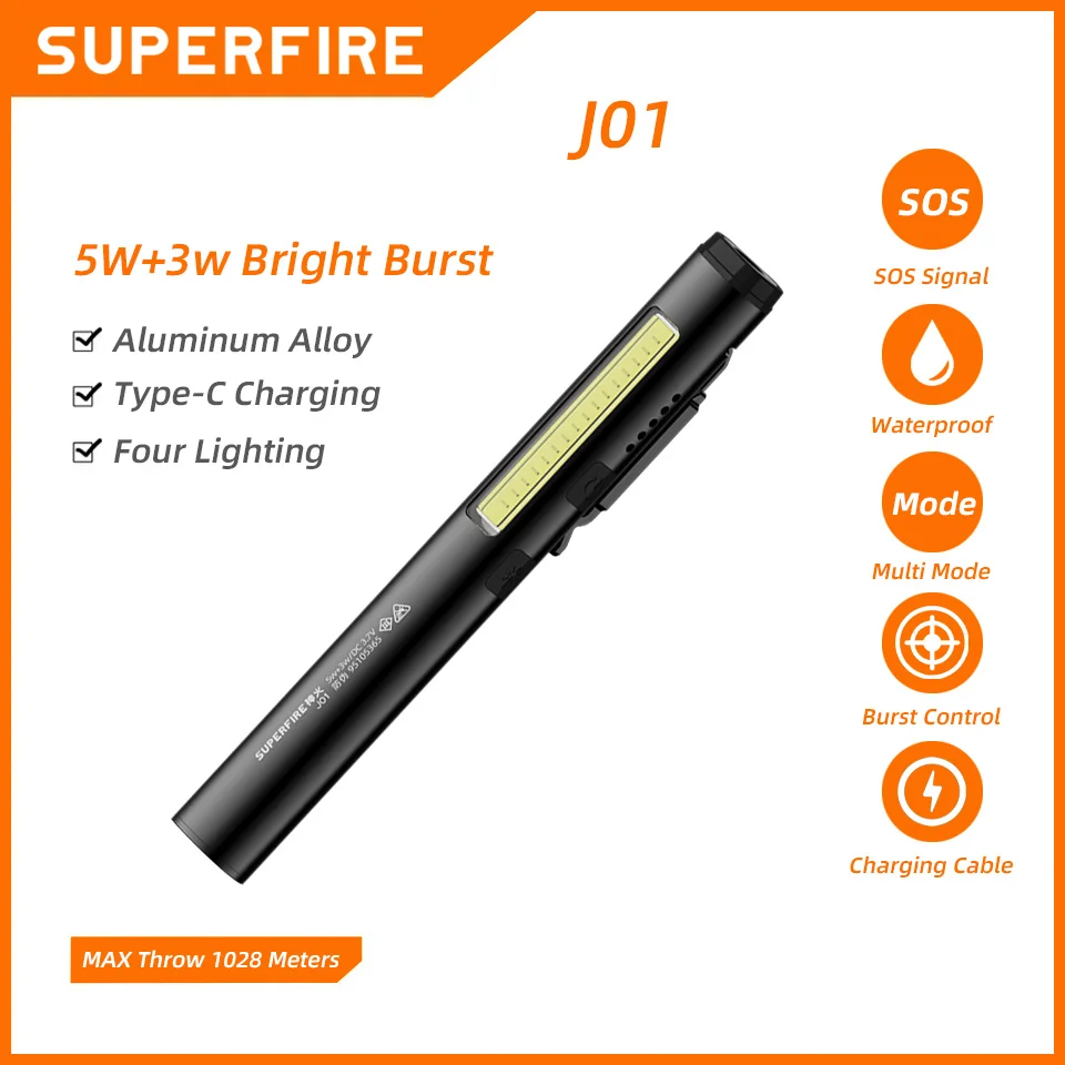 SUPERFIRE Rechargeable EDC Flashlight 4 In 1 (COB/LED/UV/RED) Magnetic Pen Flash Light Mini Torch with Stepless Dimming Lantern