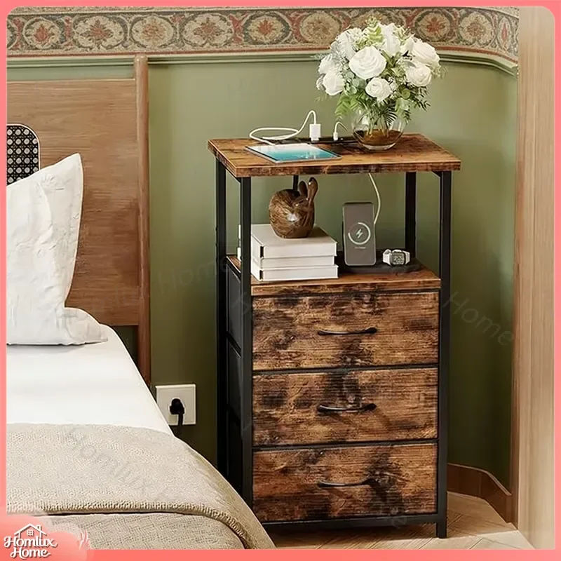 Antique Wood Bedside Table 3 Drawer Nightstand 40x30x70cm Black Nonwoven Fabric Socket Modern Bedroom Furniture Storage