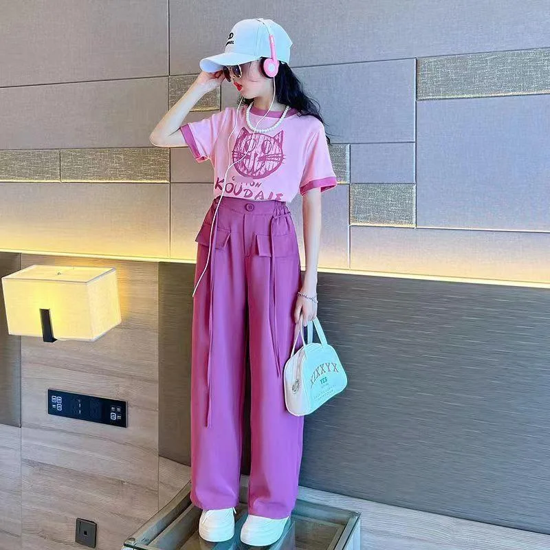 

Children Sets Girls Fashionable Suit Cartoon Short Sleeves + Casual Wide Leg Pants Korean Style Two-piece Set Loungewear Outfit