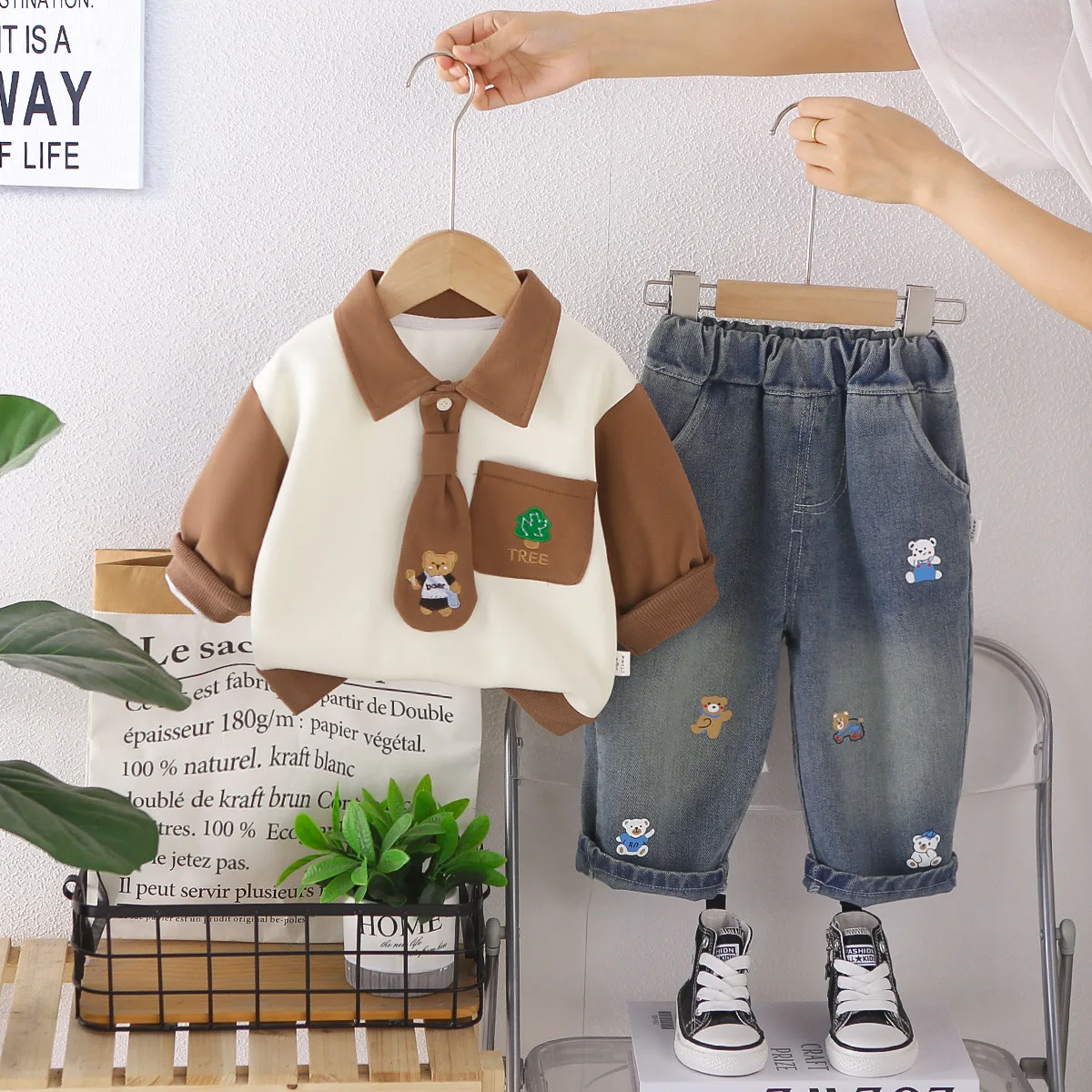 Baby Boy 2PCS Clothing Set Color Patchwork Long Sleeve Shirt with Tie Cartoon Embroidery Denim Pants Casual Outfit for Toddler