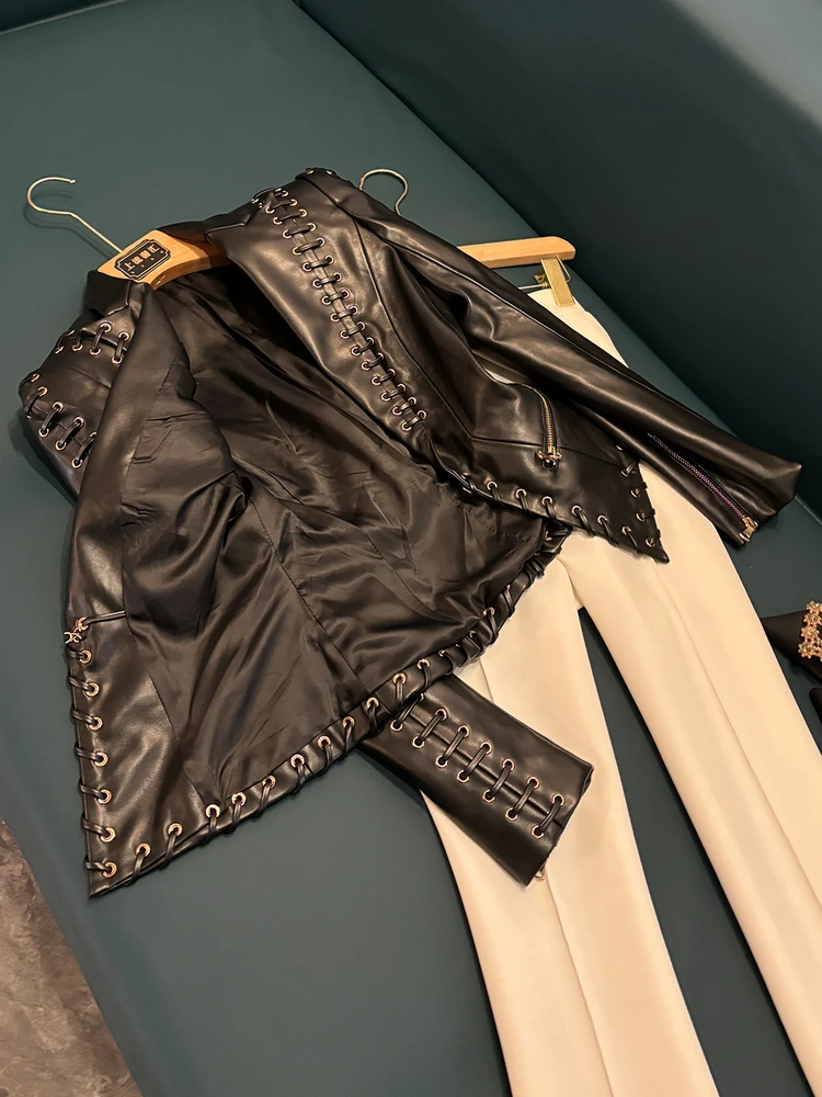 Faionable Heavyweight Rope-Bound Slim Fit Leather Jaet Suit Jaet New Winter 2025 Star Sle Commute Wind Synthetic