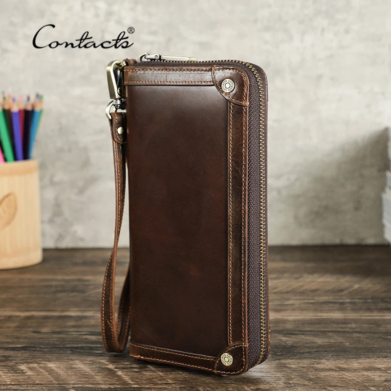 CONTACT\'S Genuine Leather Men Long Wallet Large Capacity Male Clutch Zipper Coin Cellphone Pocket Card Holder Casual Purse