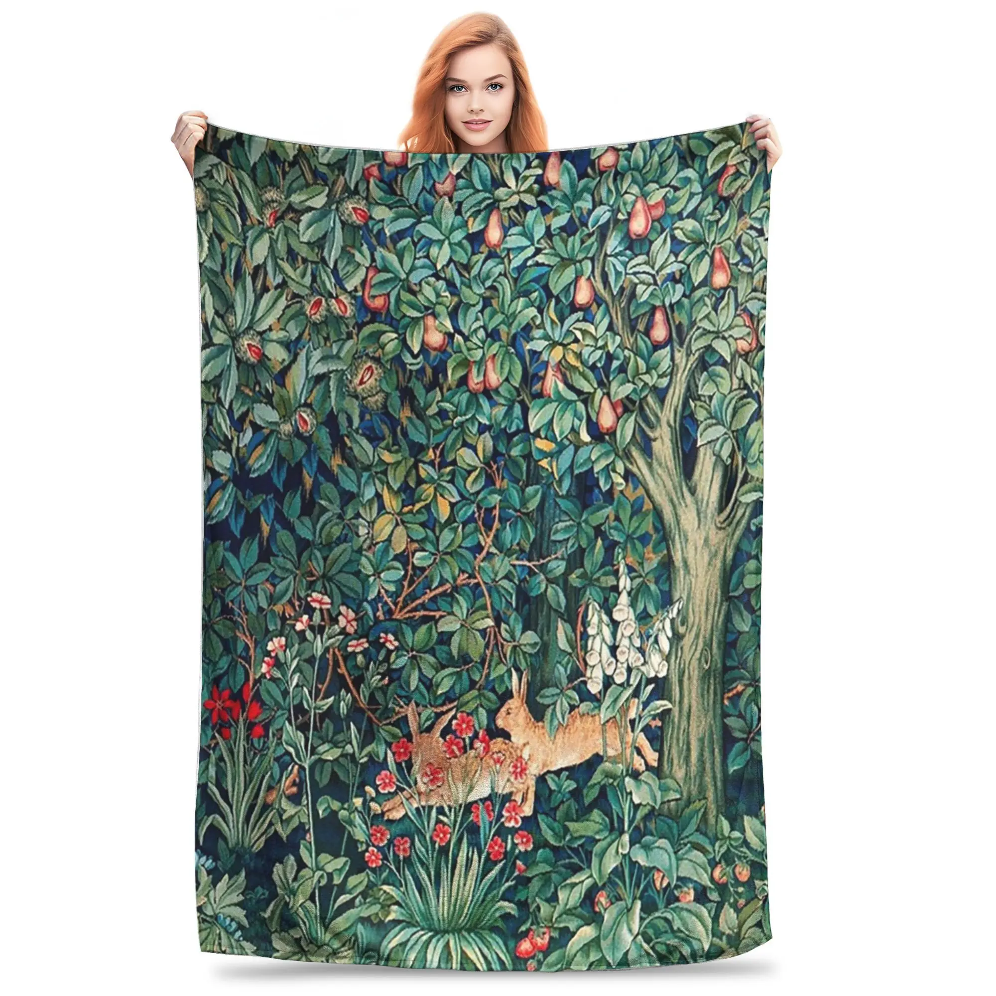 GREENERY, FOREST ANIMALS Hares Blue Green Blankets Soft Warm Flannel Throw Blanket Cover for Bed Living room Picnic Travel Sofa