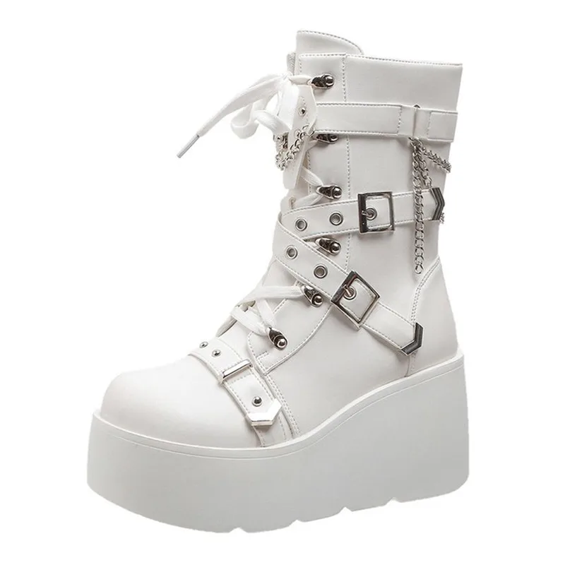 

Plus Size 42 Autumn Winter Women Boots Buckle Round Toe Wedges Platform Boot Punk Goth Women Street Shoes Combat Boots for Women