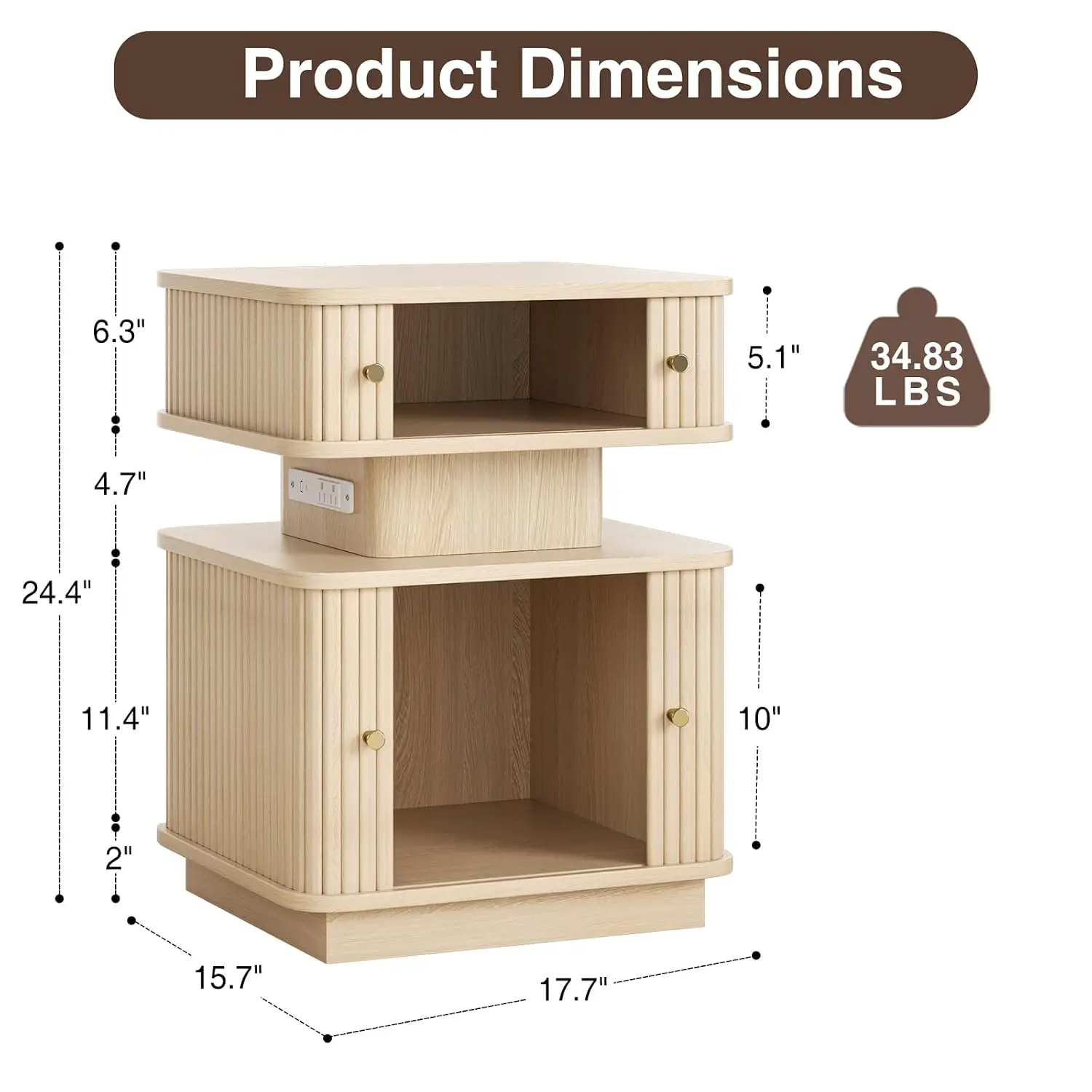 LED End Table USB Charging Station, Oak Nightstand 2 Sliding Doors Living Room Bedroom, Fluted Curvy Edge, Customized
