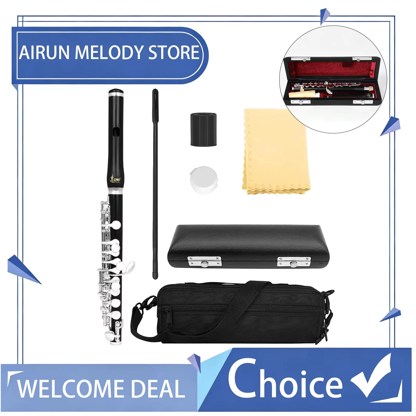 SLADE C Key Piccolo Cupronickel Tube 16 Closed Holes Ebony Headjoint Piccolo Complete Maintenance Kit for Performance Rehearsal