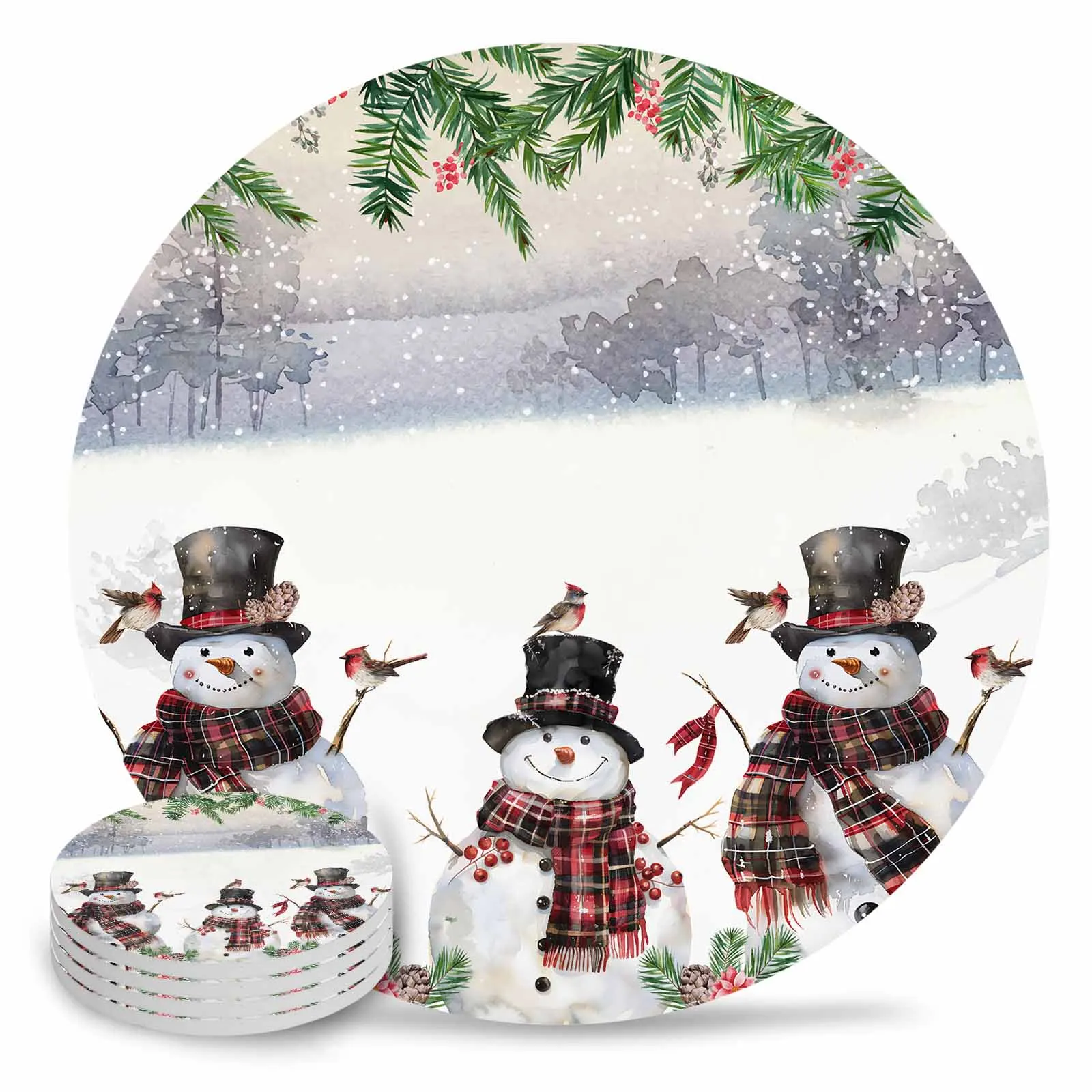 Snowman Plaid Scarf Top Hat Cardinals Ceramic Coaster Set Kitchen Table Round Placemat Luxury Decor Coffee Tea Cup Coasters