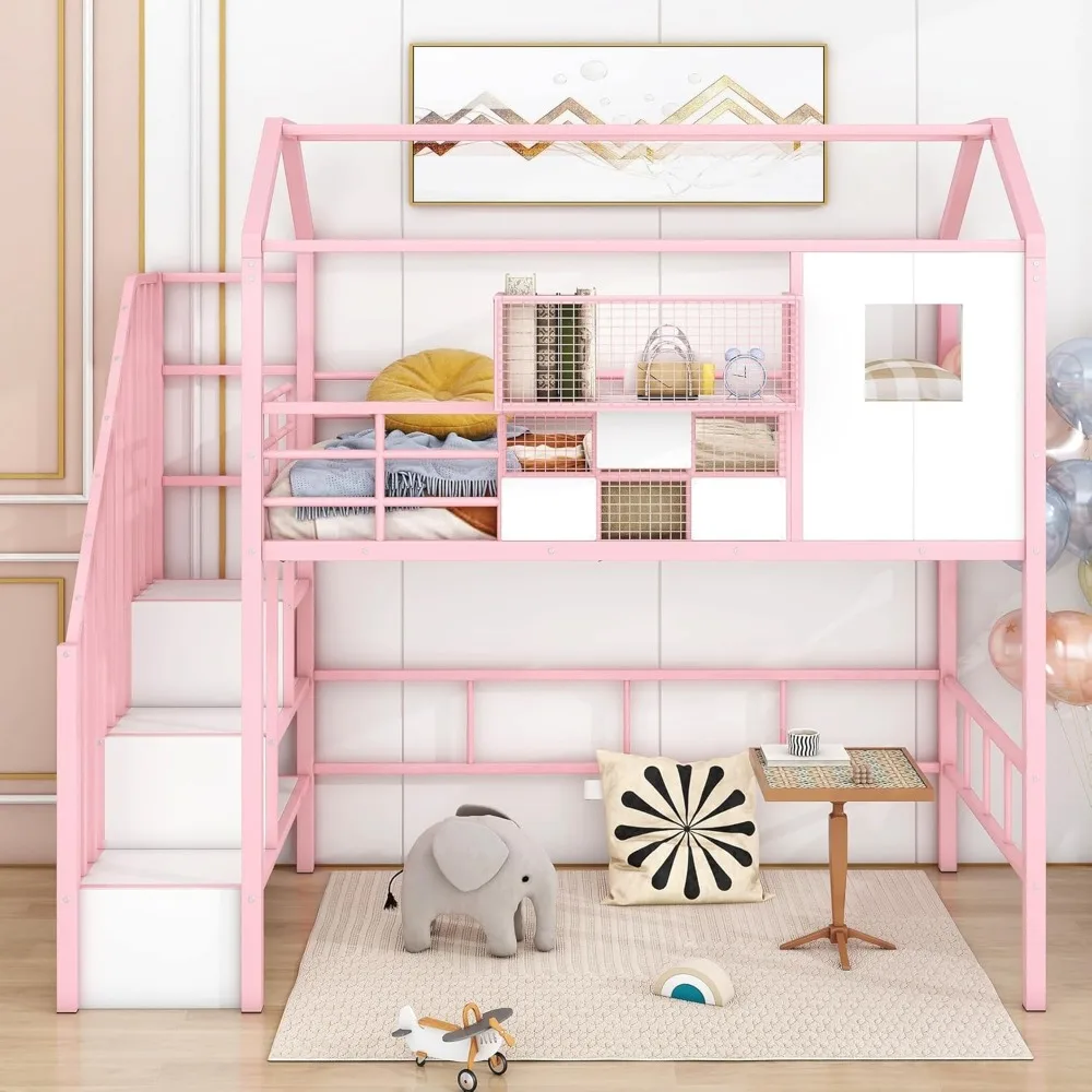 Twin Size House Loft Bed with Stairs and Storage Box, Cute Metal Loft Bed for Kids Bedroom, No Noise, Pink image 4