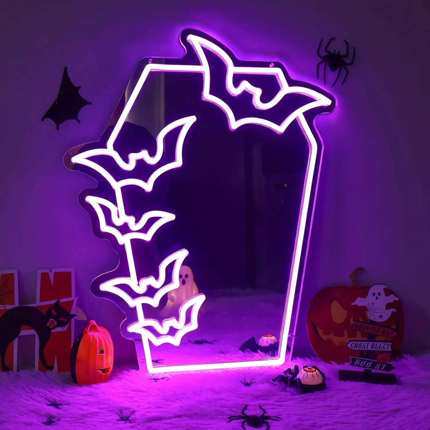 Coffin Bat Mirror Neon Sign Gothic LED Neon Light Coffin Mirror USB Powered for Gothic Room Wall Art Makeup Room Halloween Party