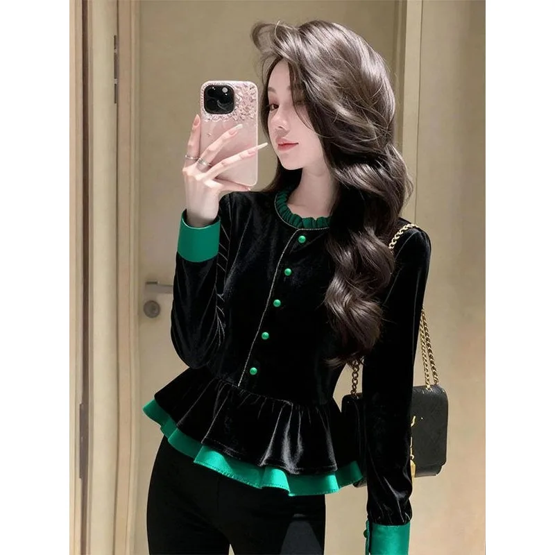 Women's Autumn Winter Tops Shirts New Chinese Style Contrasting Colours Velvet Casual Fashionable Niche Distinctive Versatile
