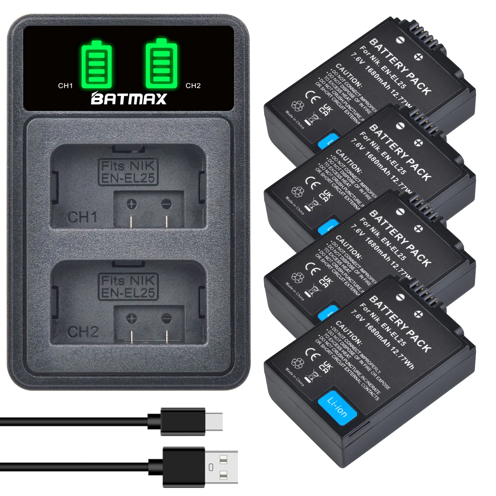 Batmax-EN-EL25 mAhバッテリーおよびLEDデュアル充電器,Cポート付き,Z30,z50,zfc,z fc,z fc,1680,MH-32充電器