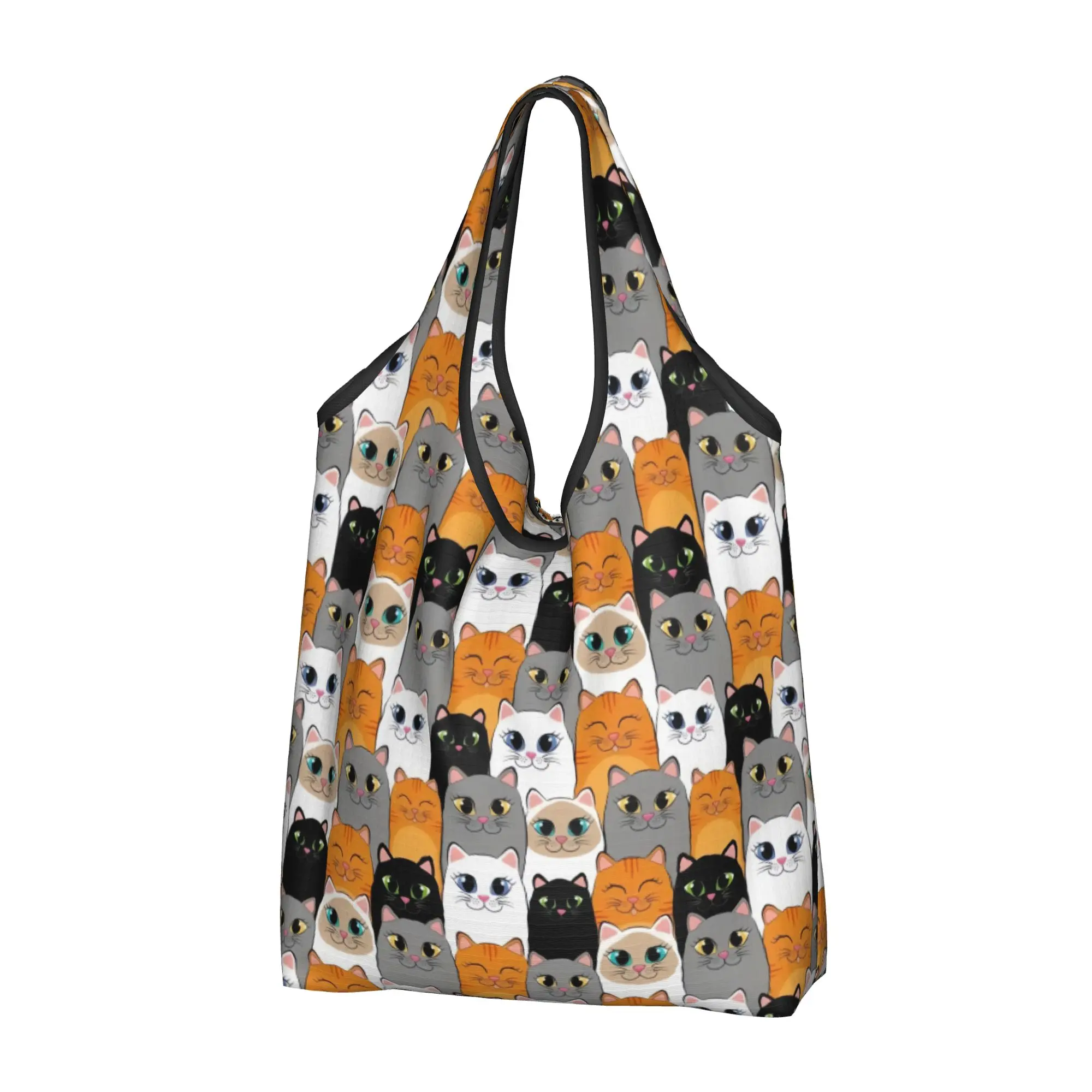 Custom Cat Seamless Pattern Colourful Creative  Shopping Bags Women Portable Large Capacity Groceries  Tote Shopper Bags