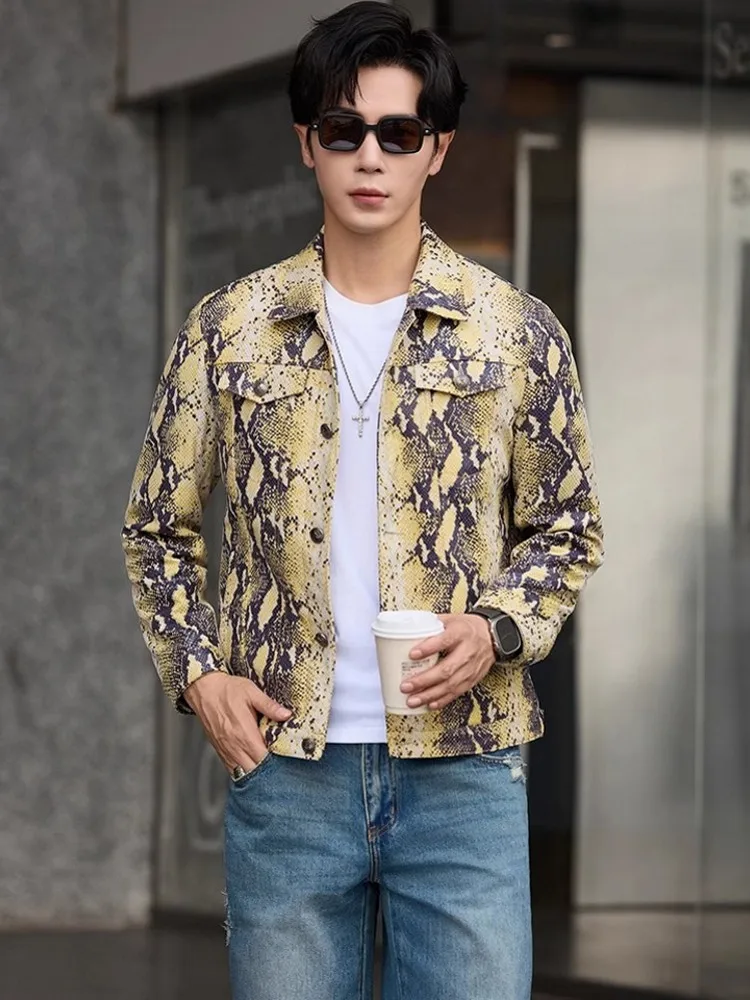 سترة جلدية أصلية فاخرة للرجال بنمط الأفعى من جلد الغنم بقصة ضيقة واحدة الصدر ملابس خارجية لحفلات الأعمال سترات فاخرة