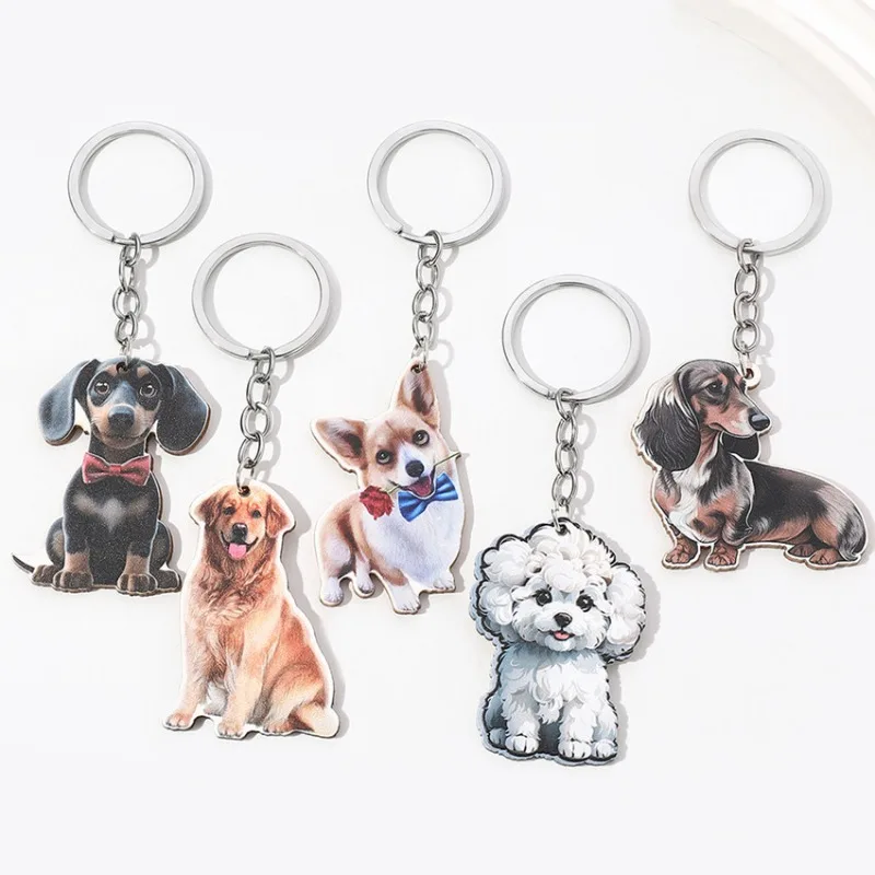 Personalized Pet Dog Keychain Kawaii Golden Retriever Corgi Dachshund Dog Keyring Animal Pendant Keychains Jewelry Children Gift