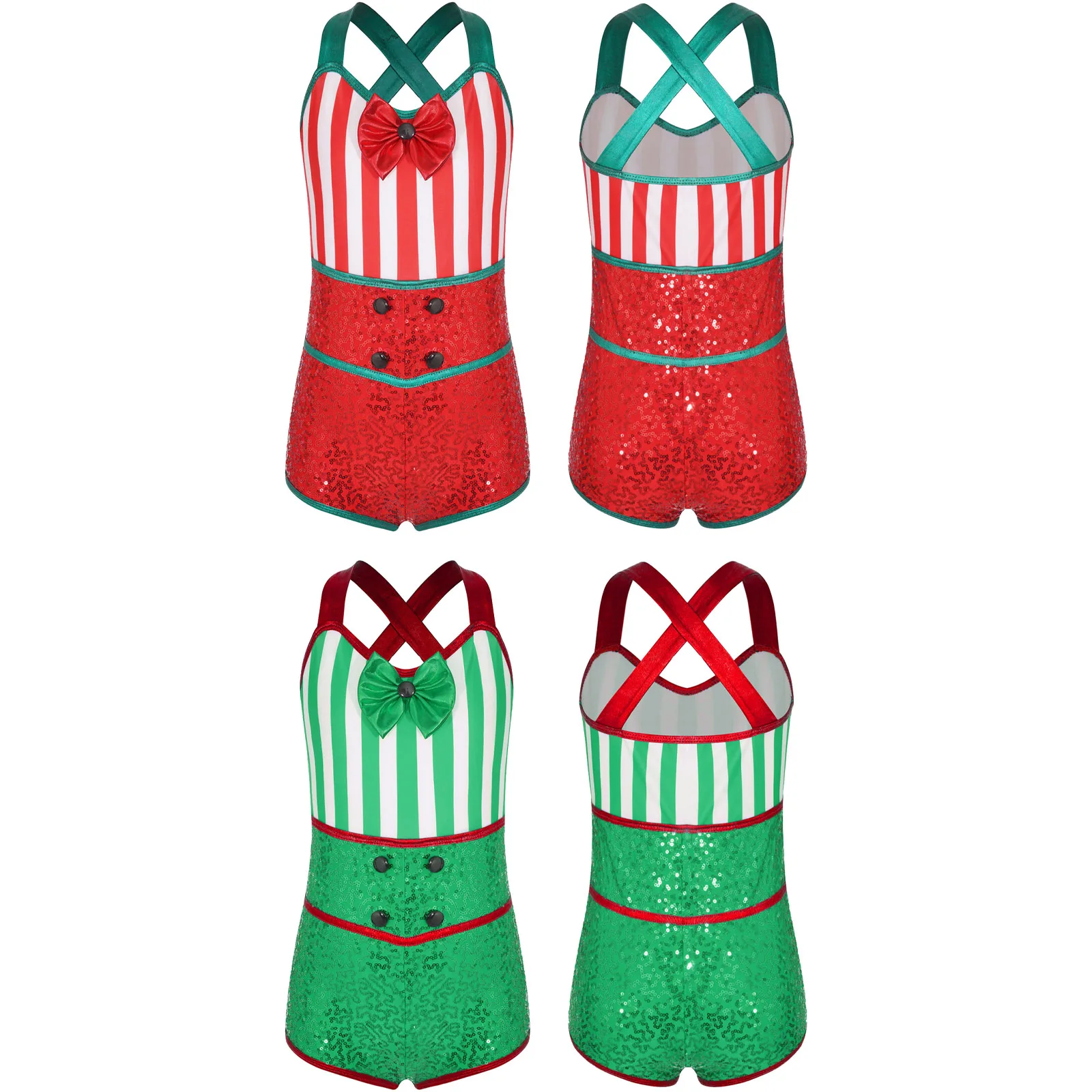 Kerst Candy Cane-kostuum voor kinderen, mouwloos, gestreept, pailletten, strik, unitard, jumpsuit, toneeldansvoorstelling, kostuum