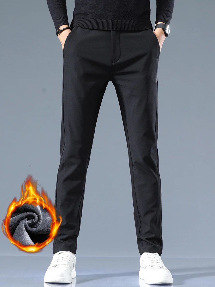 Men Winter Fleece Golf Casual Pants Stretch Business Jogger Slim Velvet Trousers Korean Elastic Waist Fashion Male Thick Pants
