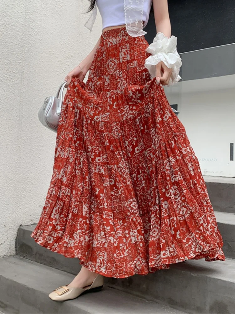 

SMTHMA Chiffon Floral Skirt For New Spring Summer Retro Style Slimming Pleated Long Skirt High Waist Big Swing Long Skirt