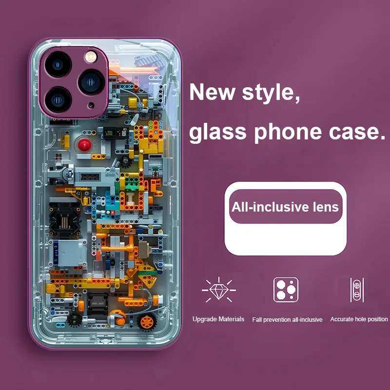 Mechanischer Innenraum Blau Lila für iPhone 15 14 13 12 Mini 11 Pro Max X XS XR 7 8 Plus 2020 22 SE Handyhülle aus gehärtetem Glas