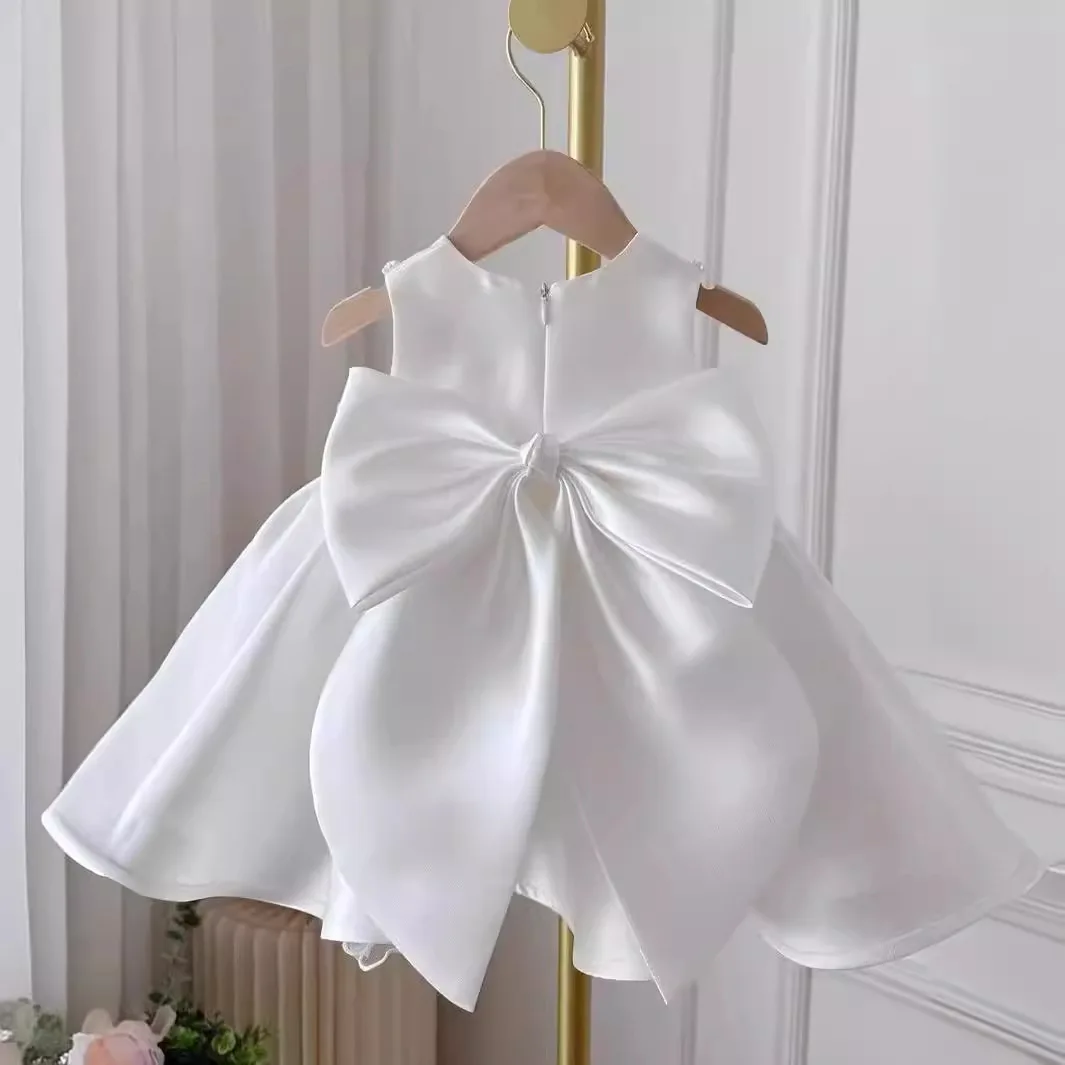 Boutique Toddlers Solid White Satin Dress Bow Knot Pageant Baby Birthday Party Formal Princess Dress Wedding Flower Girl Dress