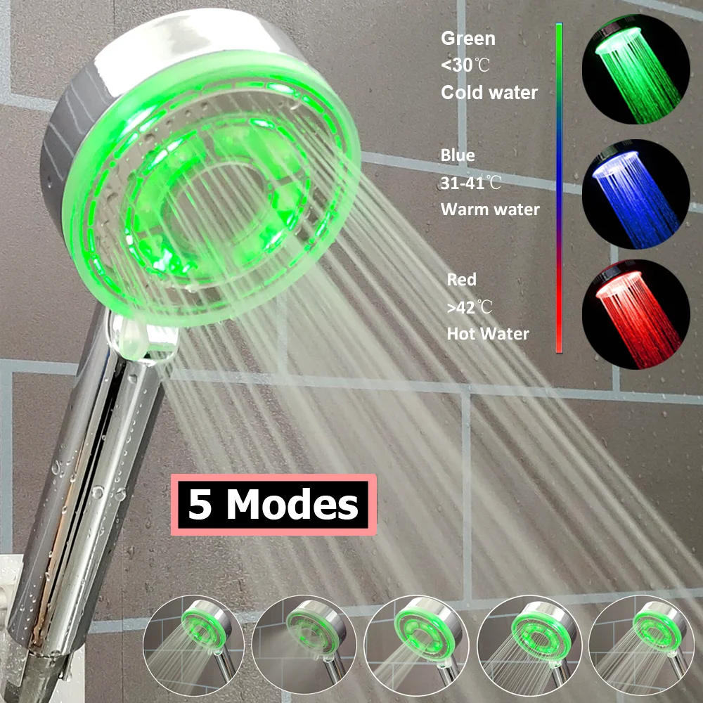 5 Modes Temperature Control Colorful Shower Head 3/7 Color Change LED Spray Nozzle Silver High Pressure Rainfall Bathroom Shower