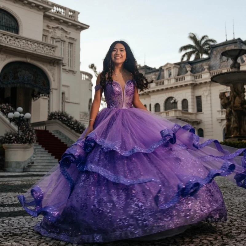 

Shiny Purple Quinceanera Dress Crystal Glitter Decal off-shoulder Lace layering Long tail Vestidos De 15 Quinceanera ﻿Customize