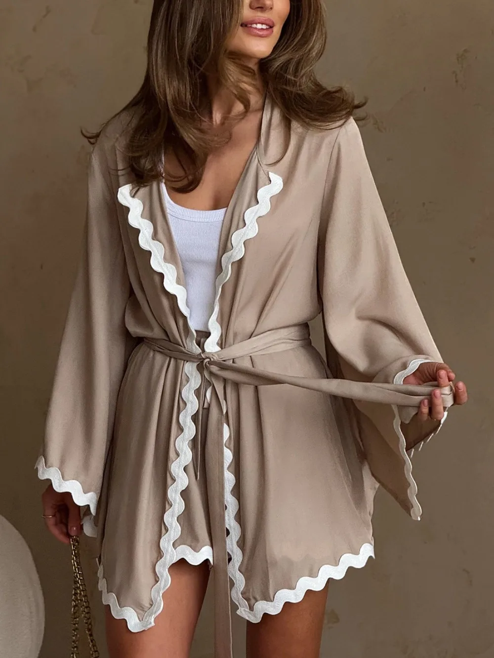 Chic Contrasting Color Cardigan Shorts Home Suit Spring and Summer Women Elegant Loose Soft Cloud Wrapped Pajamas Shorts 2Pcs