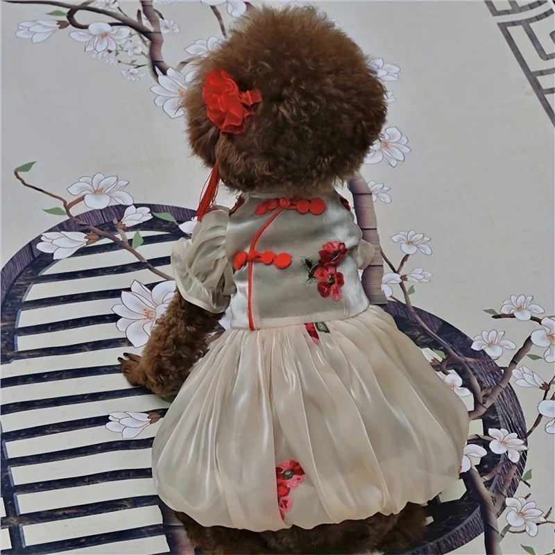 1pc Spring and Summer Flowing Light Yarn Qipao Skirt Pet Clothing Cat and Dog Clothing Teddy Bears New Tang Costume