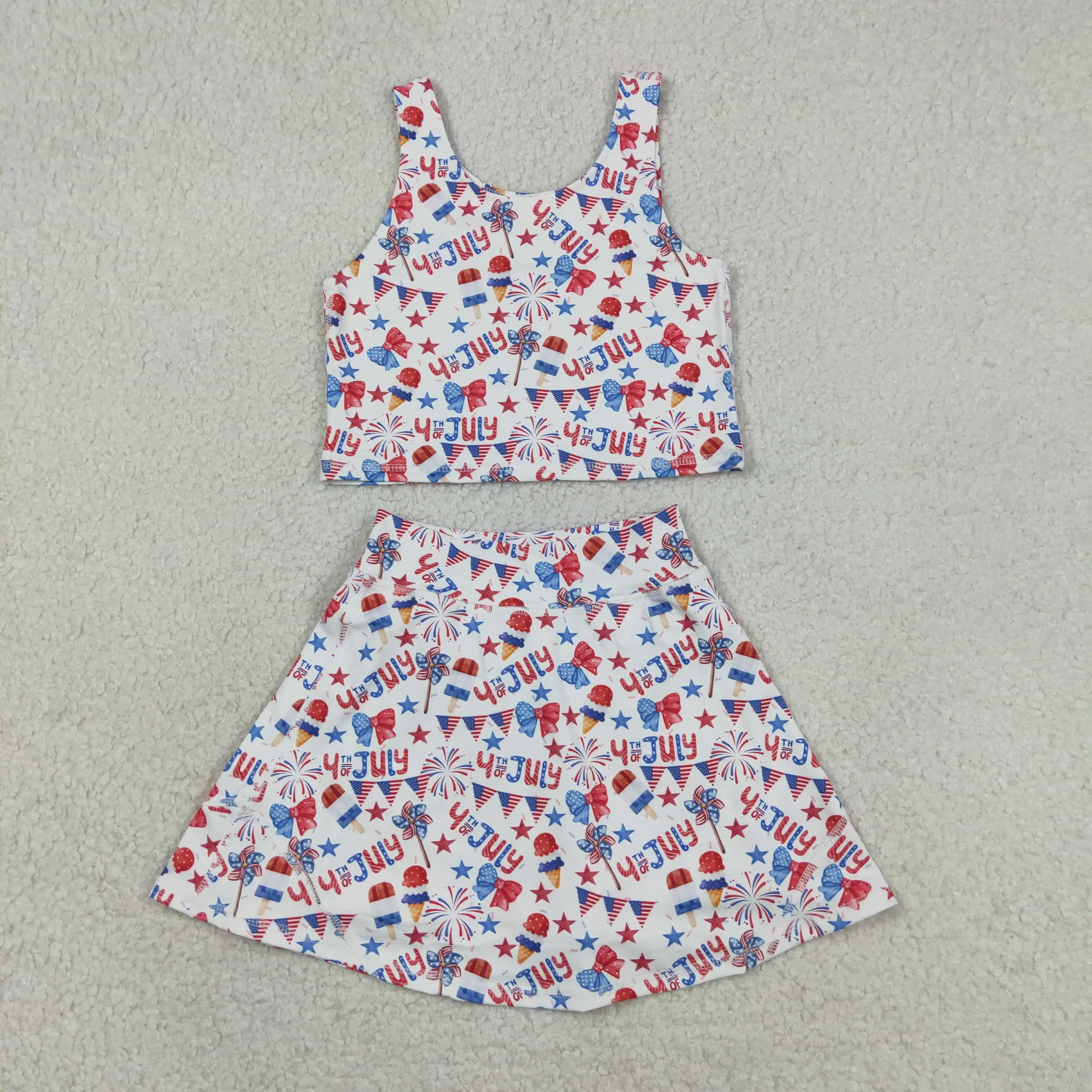 Wholesale Toddler Bows Shirt Skirt Shorts Kids Skort Set Athletic 4th of July Clothes Baby Girl Yoga Active Summer Clothing